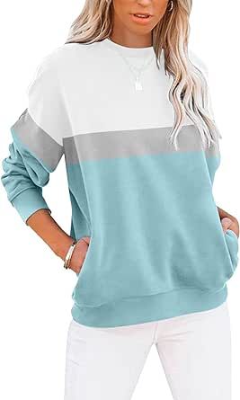 TICTICMIMI Women's Casual Long Sleeve Color Block/Solid Tops Crewneck Sweatshirts Cute Loose Fit Pullover with Pockets