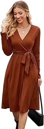 Newshows Women's 2023 Sweater Dress Long Sleeve Spring Business Casual Outfits V Neck Ribbed Knit Belt Dresses with Pockets