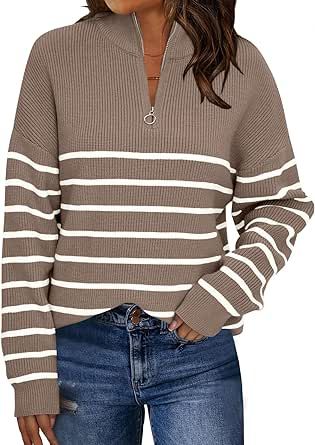 LILLUSORY Women's Quarter Zip Striped Oversized Collar Pullover Sweater Knit Warm Clothes for Winter 2023 Trendy